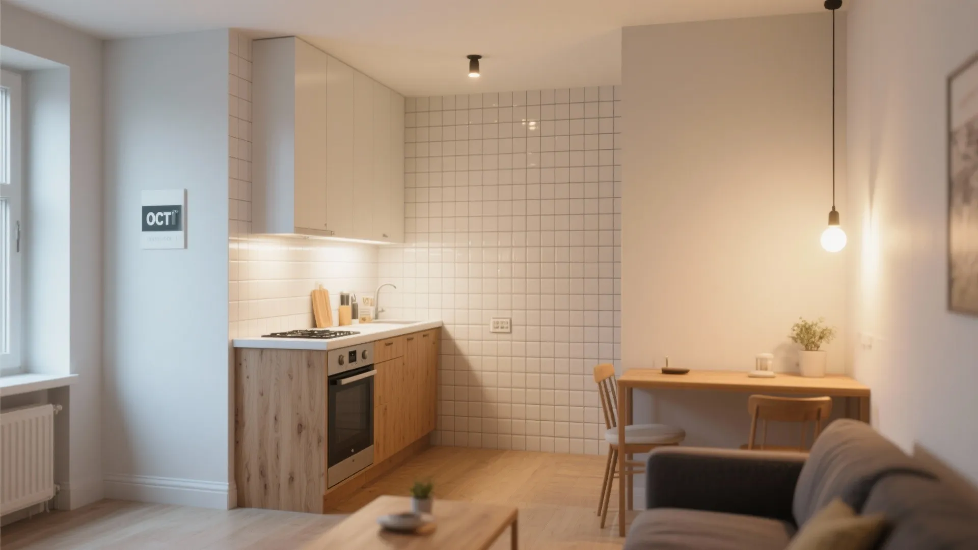 Minimalist kitchen area with white square wall tiles, wooden cabinets, dining table, and ceiling light