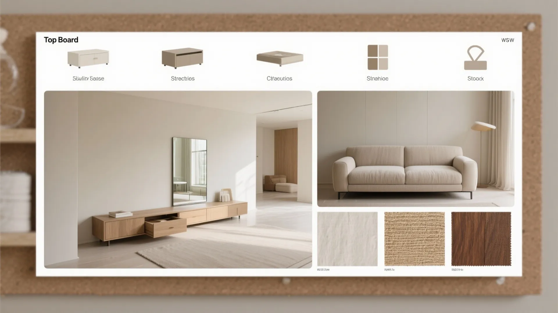 Interior design mood board showing furniture icons and photos of a sofa and wooden cabinet