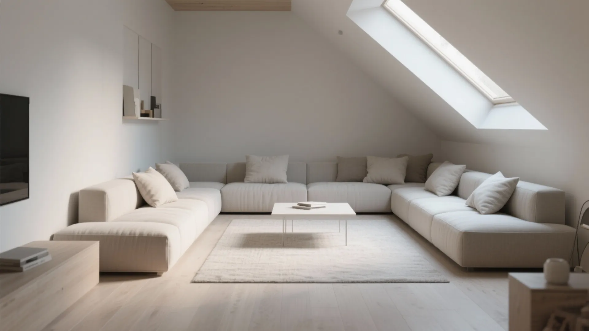 Minimalist white attic living room with large sofa coffee table rug and a roof window
