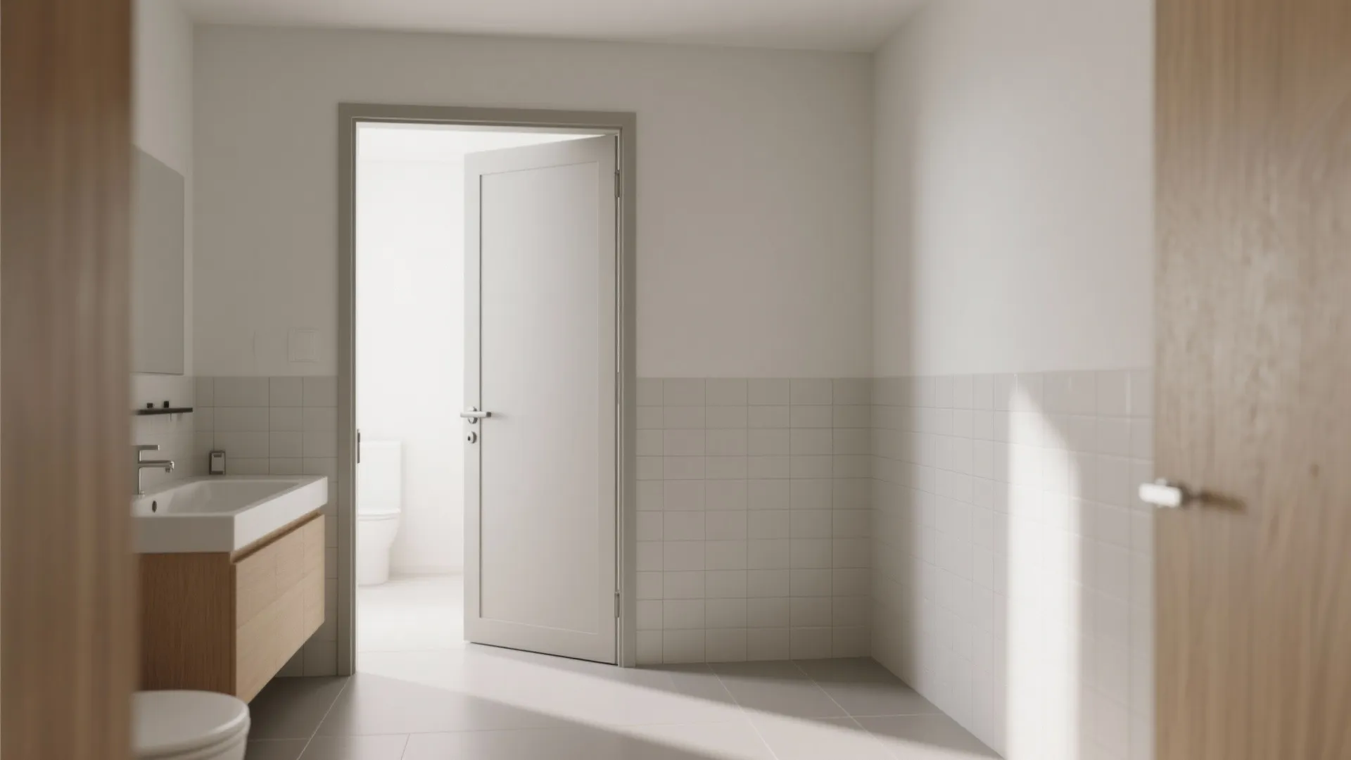 Simple bathroom design featuring a white swing door wooden sink cabinet and white wall tiles
