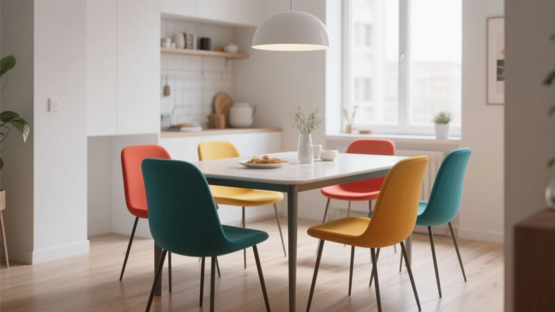 Modern dining room with white table and colorful chairs in yellow teal and orange shades