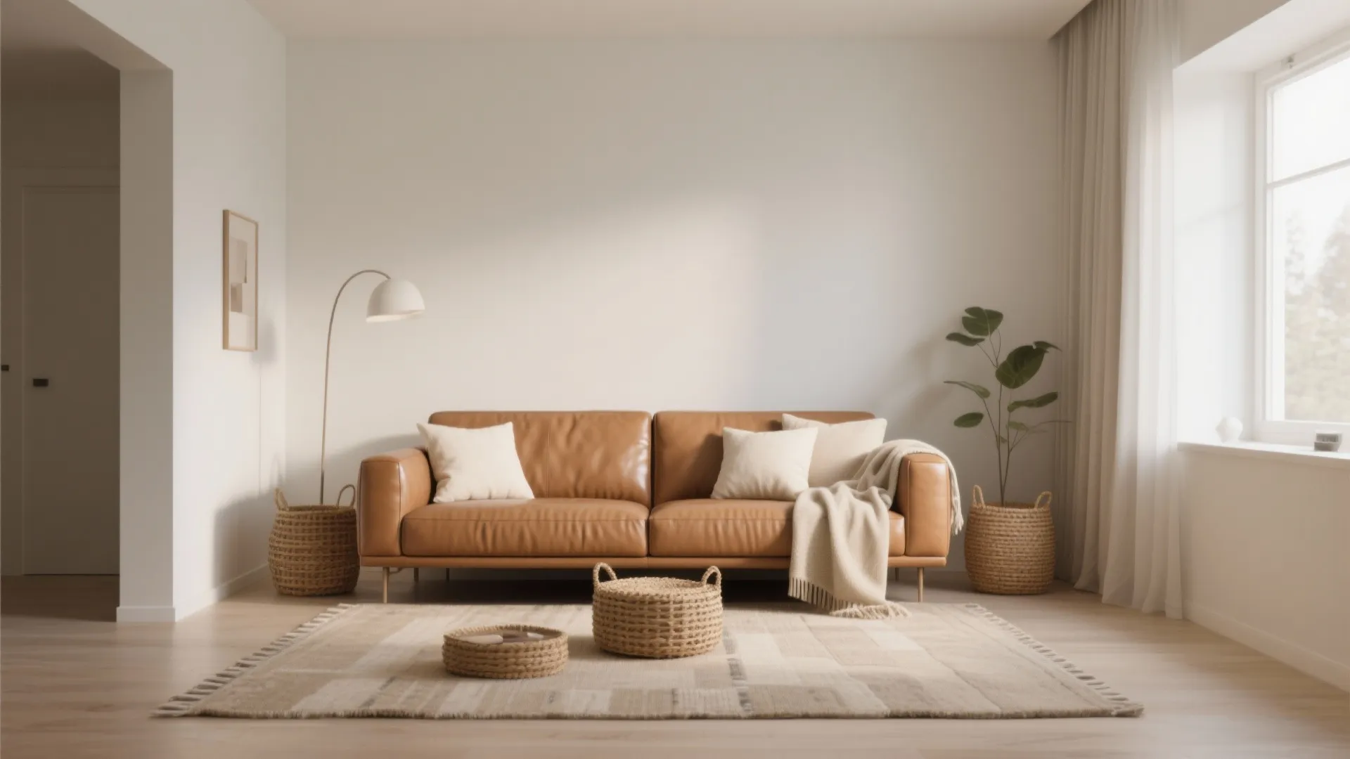 Minimalist living room featuring tan leather sofa with white cushions, woven baskets, and floor lamp
