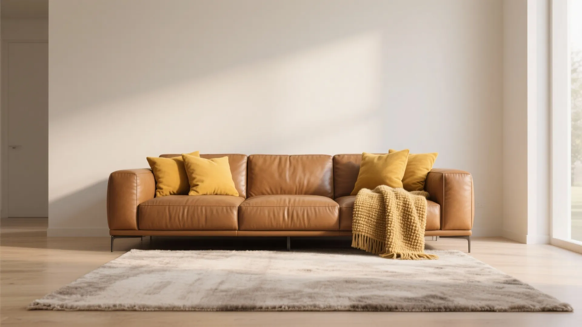 Modern tan sofa with yellow cushions and throw on a rug in bright minimalist room