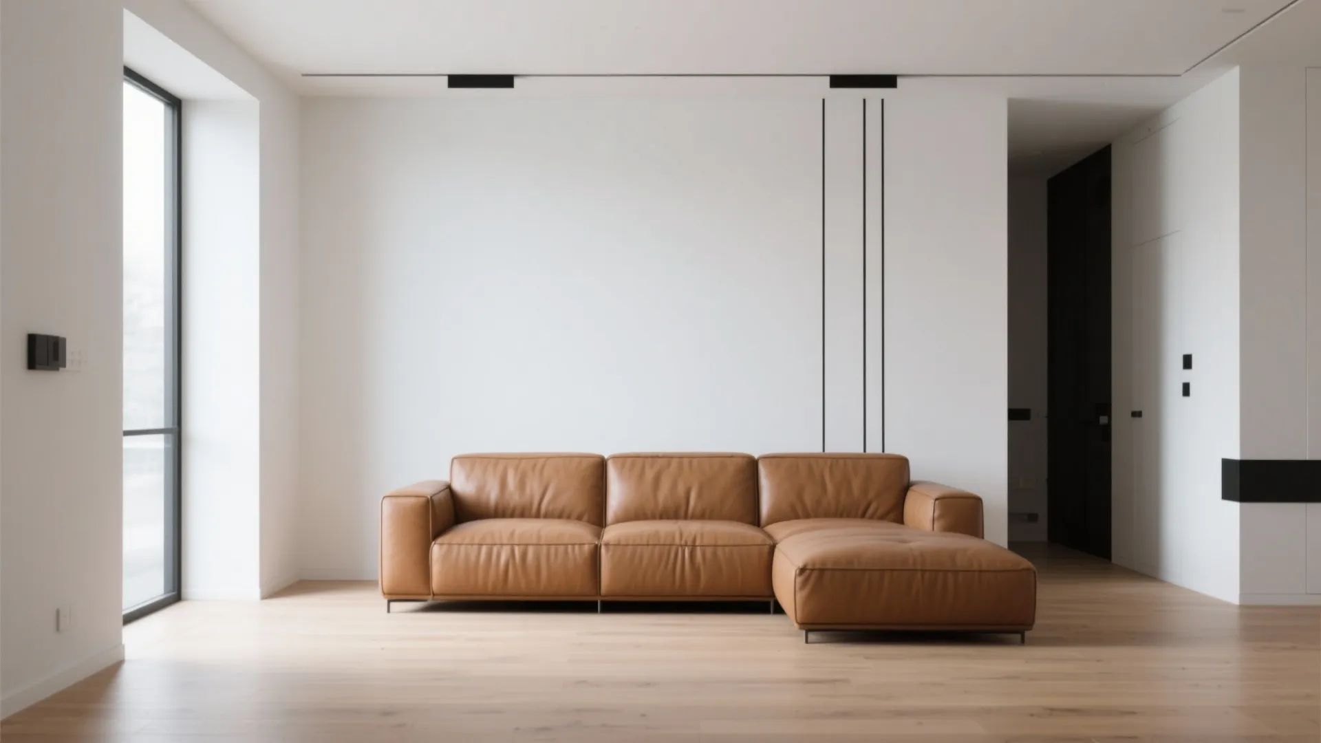 Minimalist living room featuring a tan leather sofa with neutral decor
