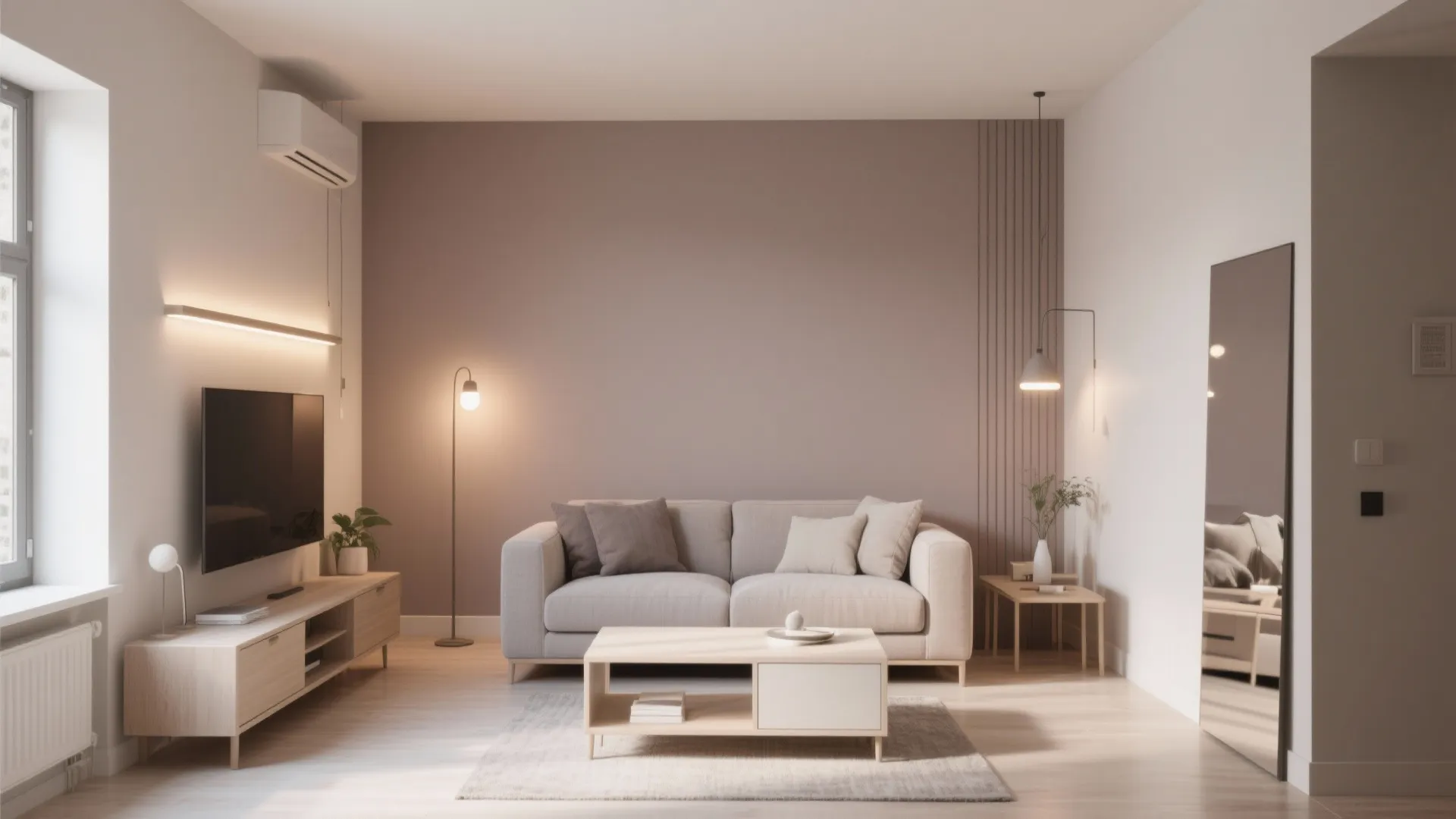 Minimalist living room with taupe wall beige sofa wood coffee table and a floor mirror