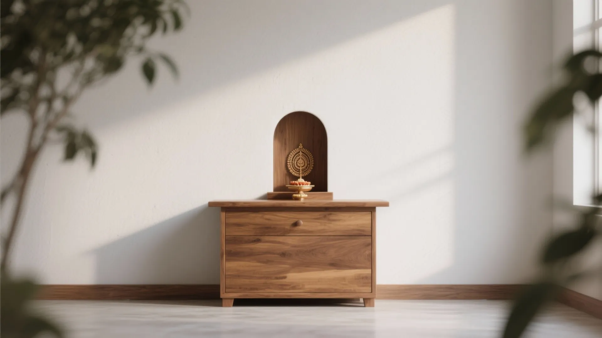 Minimalist dark wood cabinet with two drawers against a white wall featuring a small arch