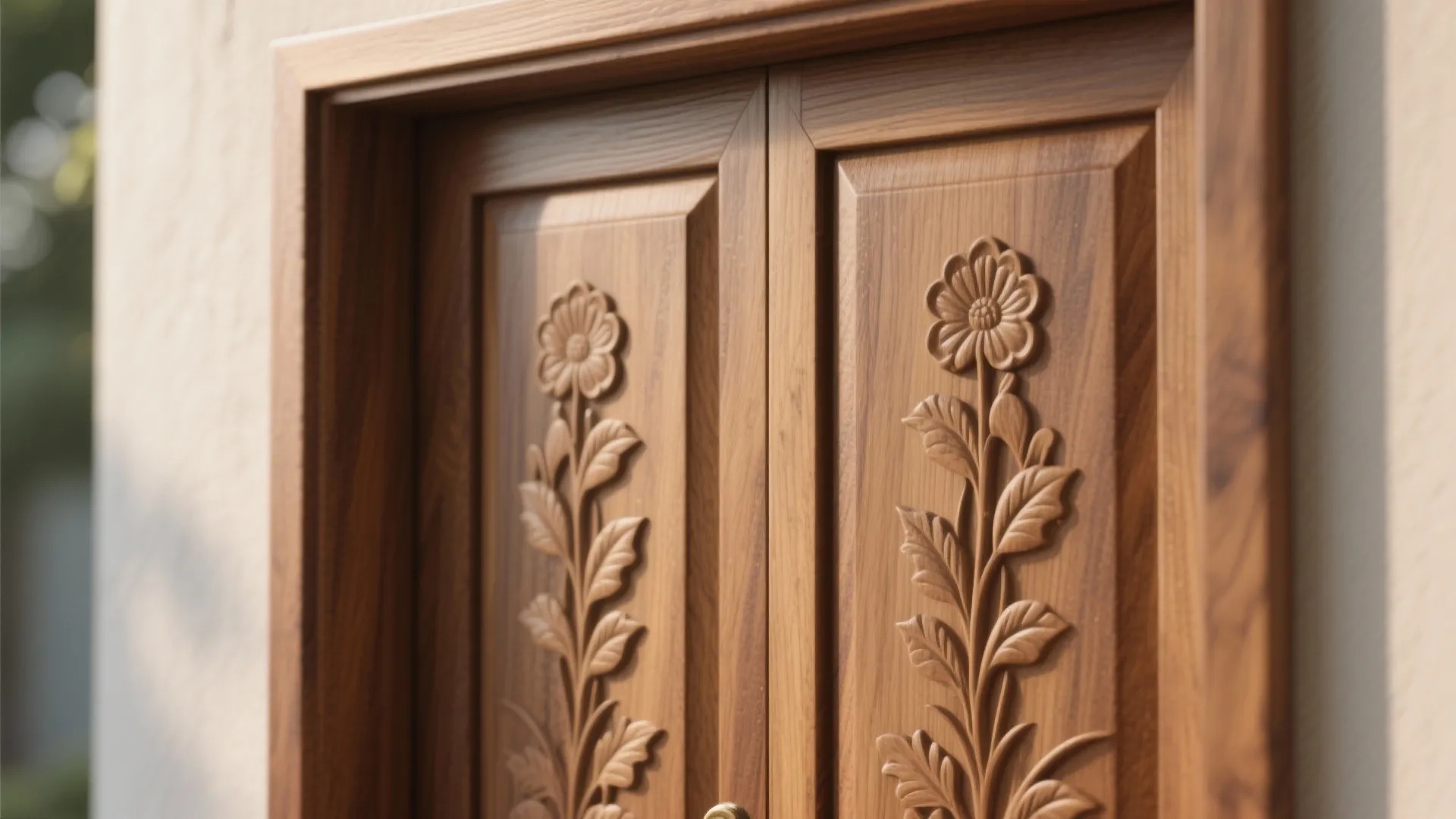 Close up of a brown wooden door featuring simple flower carvings on the two panels
