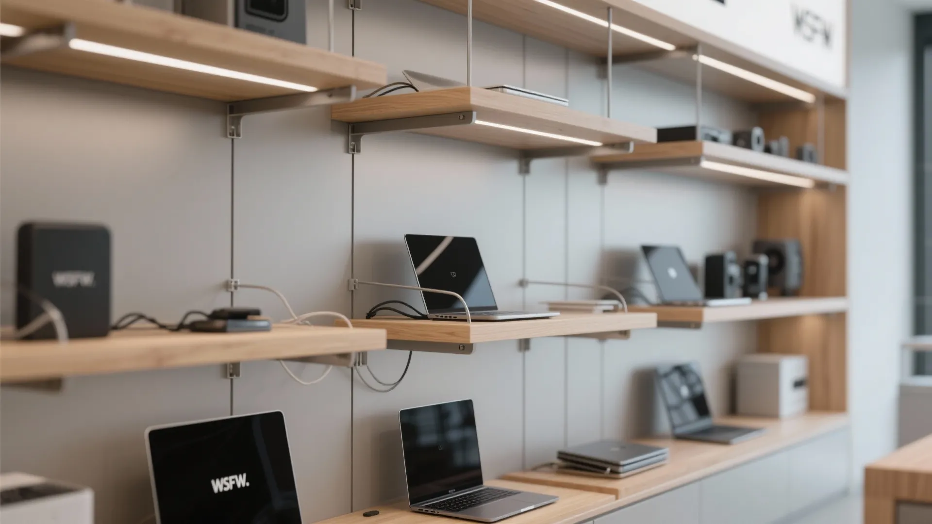 Minimalist wooden wall shelves with built in lights displaying laptops and electronics in bright room