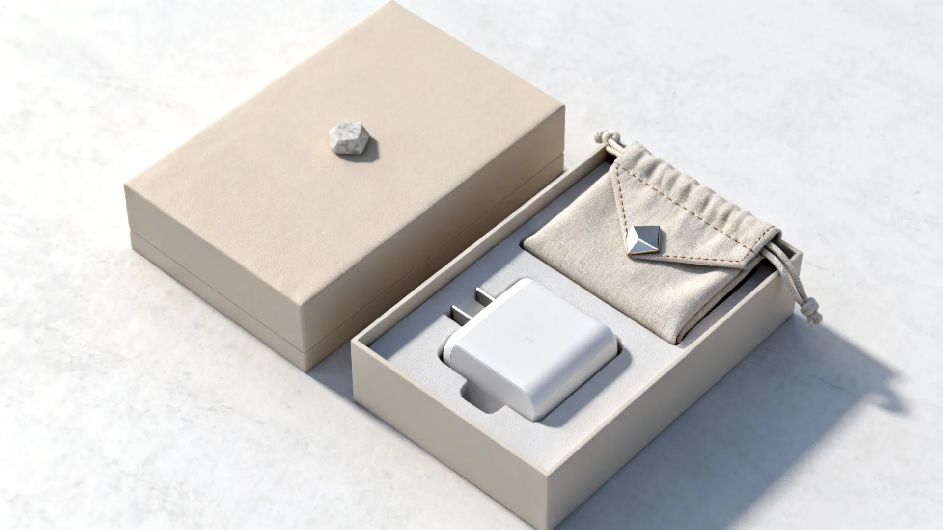 Minimalist tray with a covered tech storage box and pouch on a coffee table