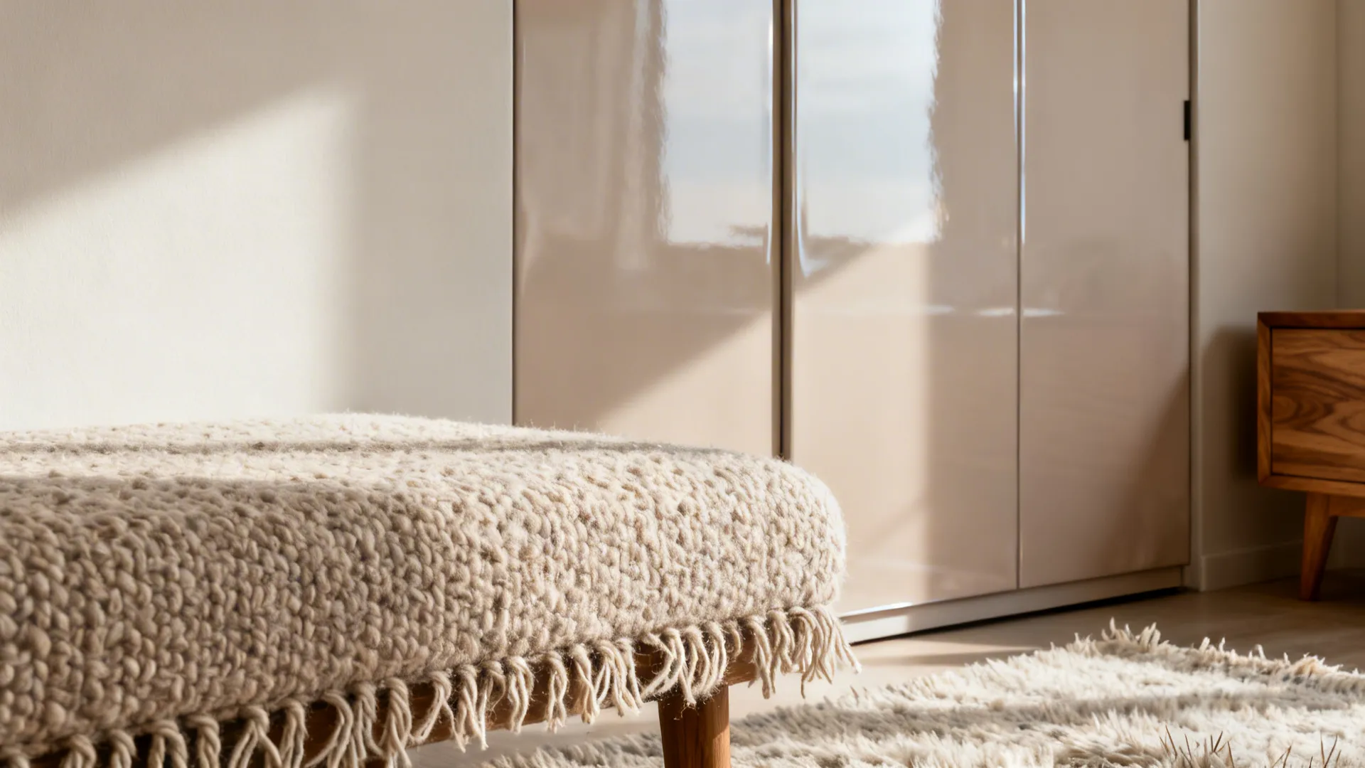 Close-up of boucle bench, wool rug, and satin-to-gloss paint transitions in warm neutrals.