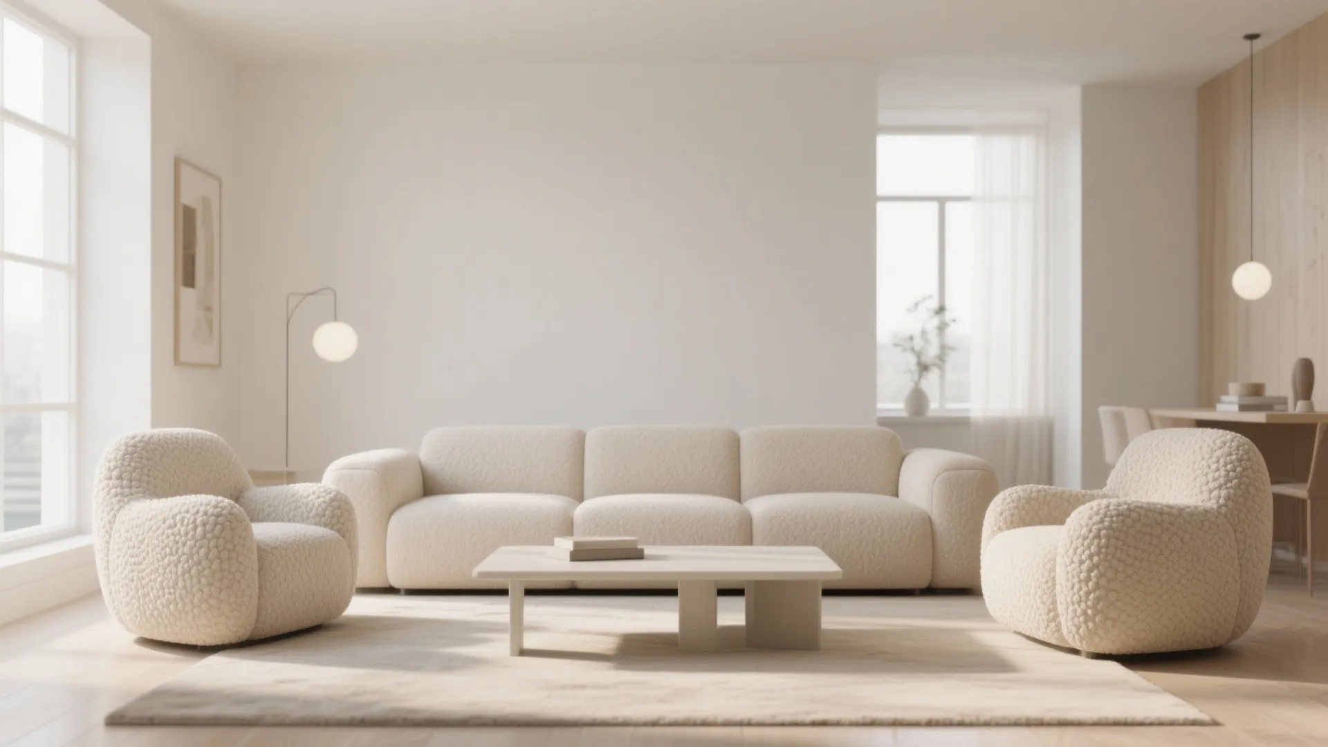 Minimalist white living room featuring textured cream sofa matching armchairs and a simple wooden table