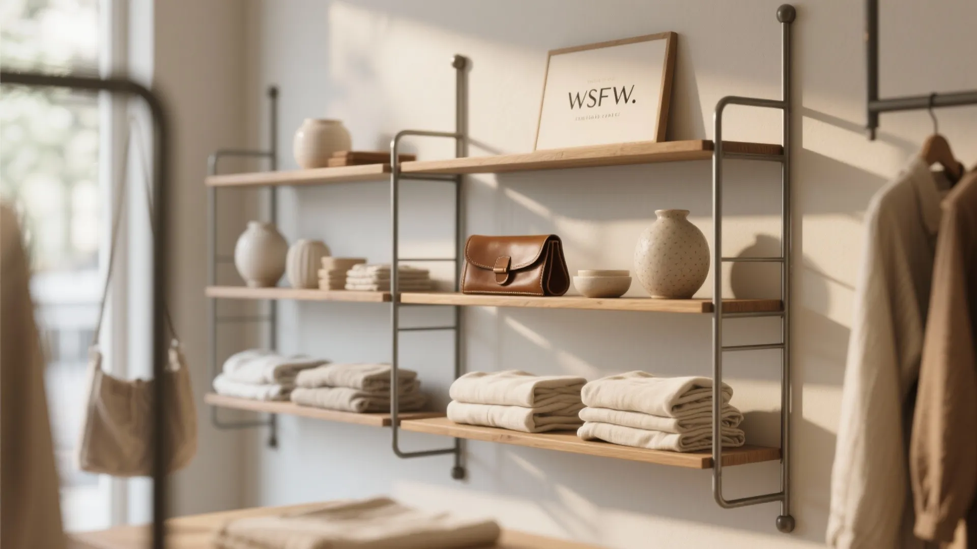 Minimalist shelving with layered textures