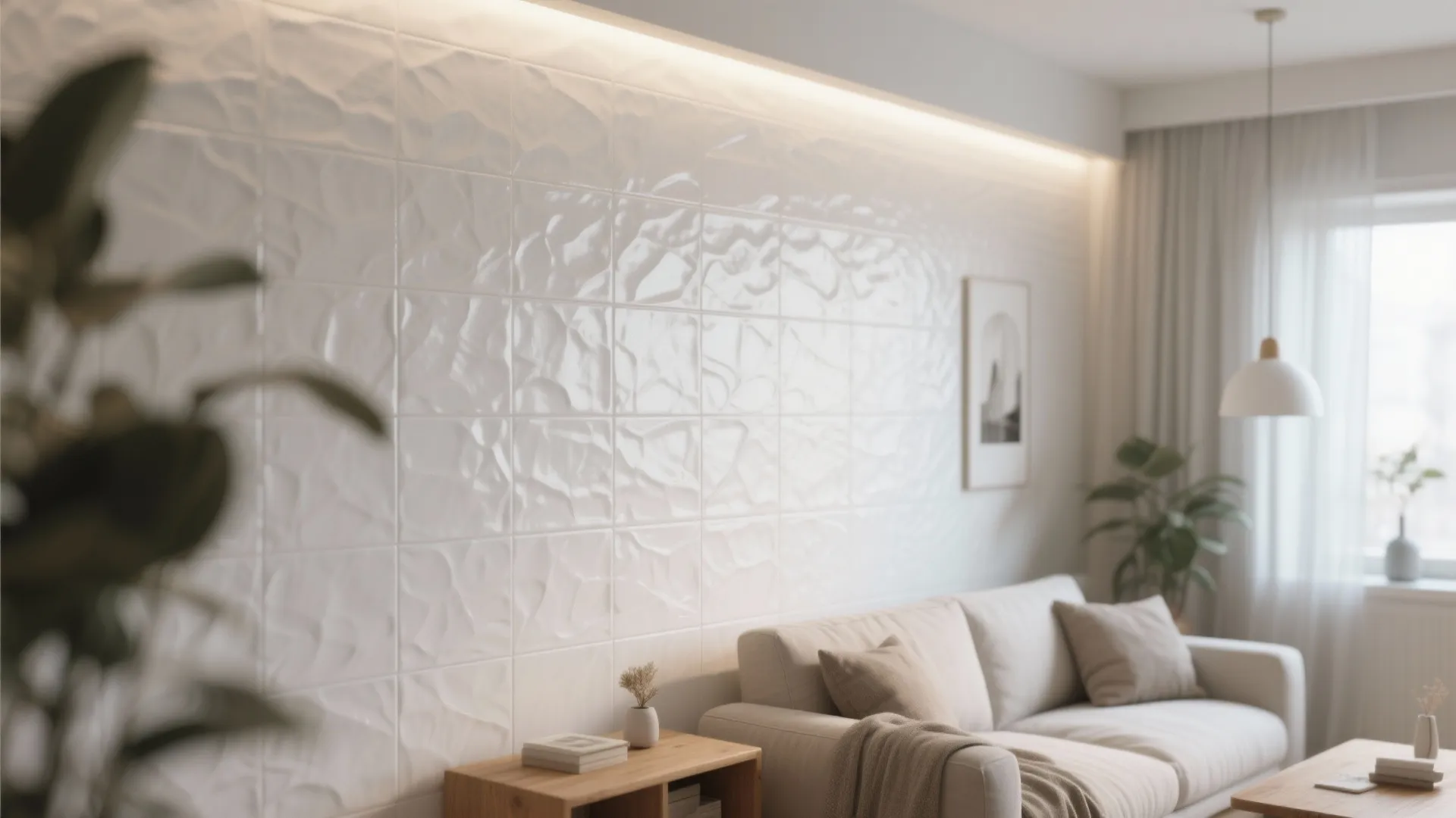 Living room with white wavy textured wall tiles light fixture beige sofa and small wooden table