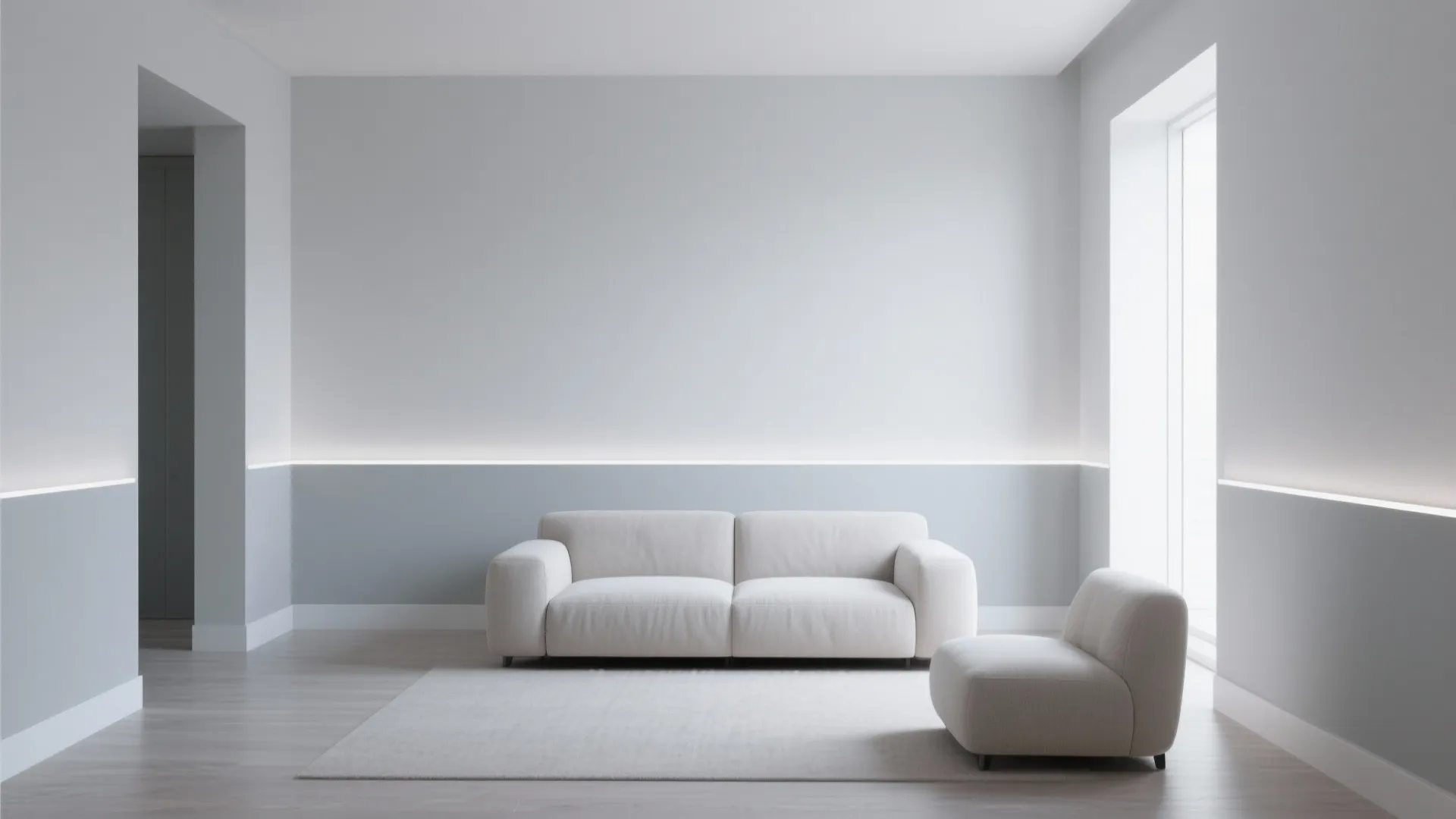 Minimalist living room with white sofa and grey wall panel features soft hidden LED lighting