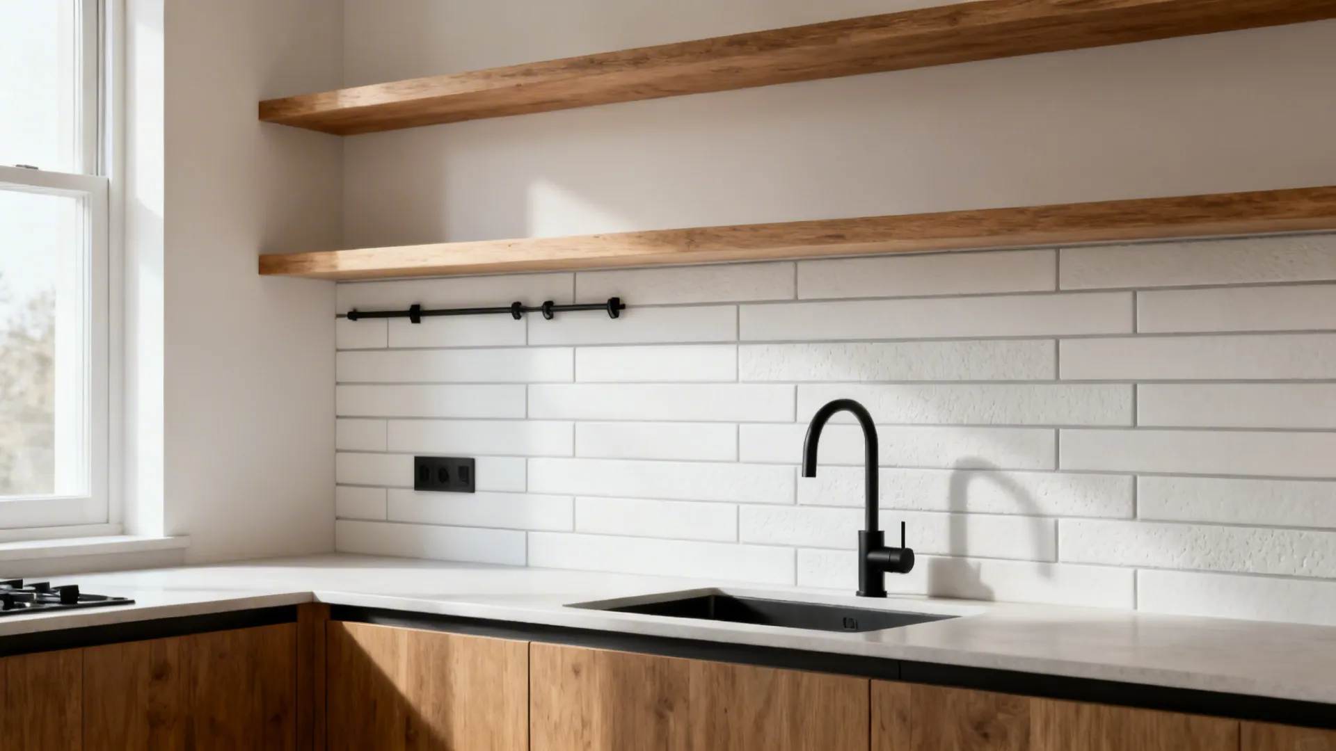 Minimalist small kitchen with matte white vertical subway tiles and warm gray grout.