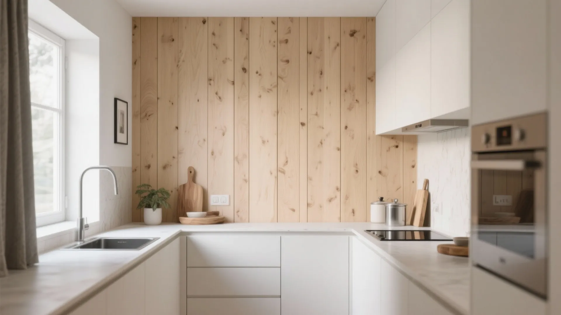 Light oak vertical timber panel wall in a modern small kitchen