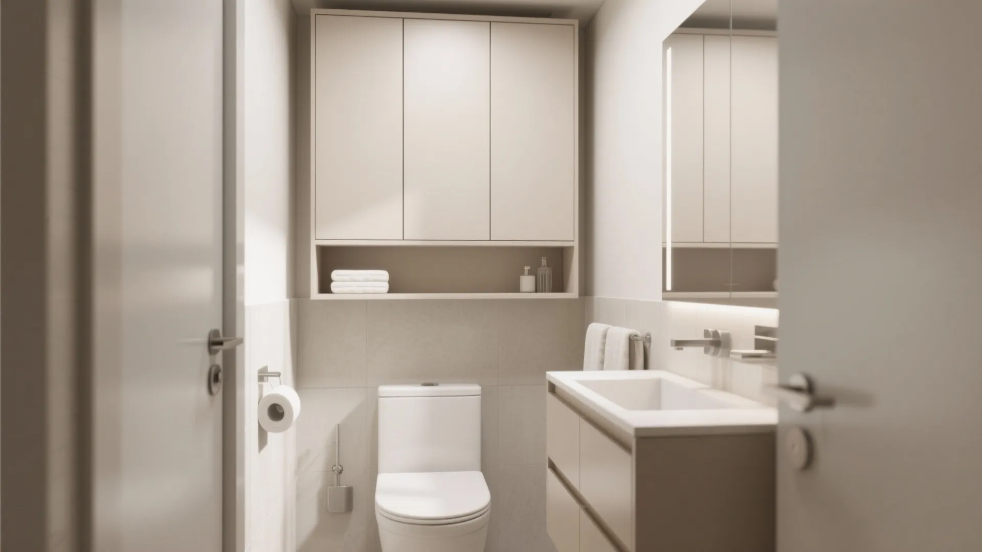 Modern bathroom featuring white toilet, wooden vanity with sink, and large beige wall storage cabinet