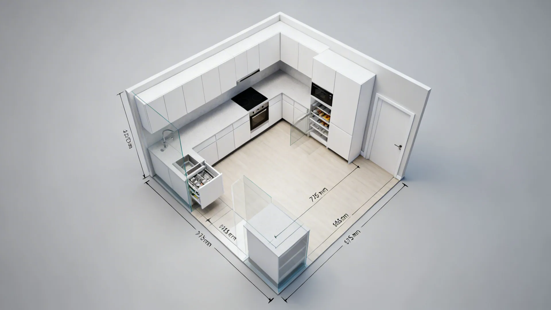 Top-down 3D plan of a compact kitchen showing cabinet layout and clearances.