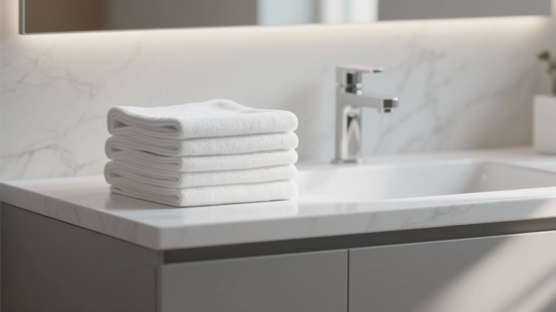 Stacked white towels on a marble bathroom counter next to a silver faucet and sink