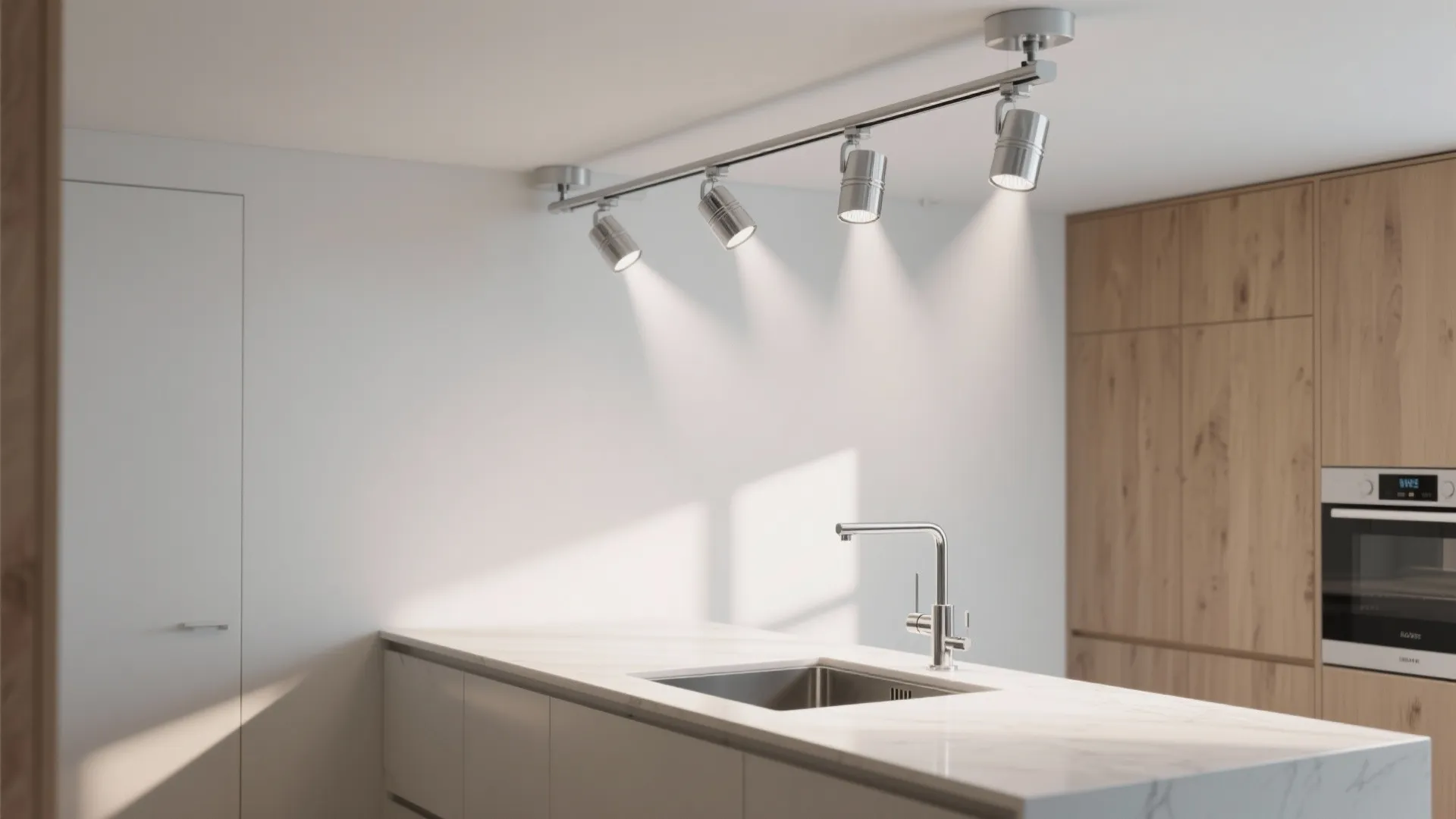Minimalist track lighting above kitchen sink and counter