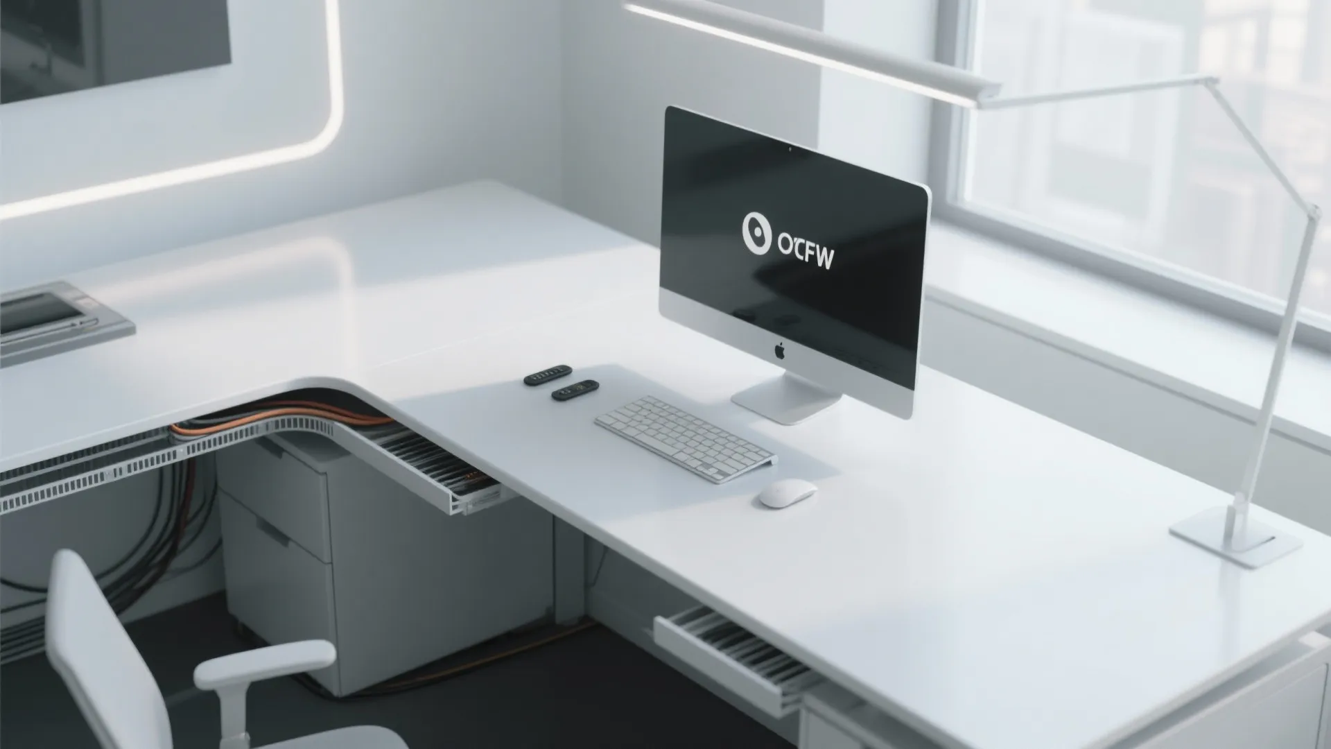 Modern white minimalist office desk with computer mouse keyboard table light and cable management system