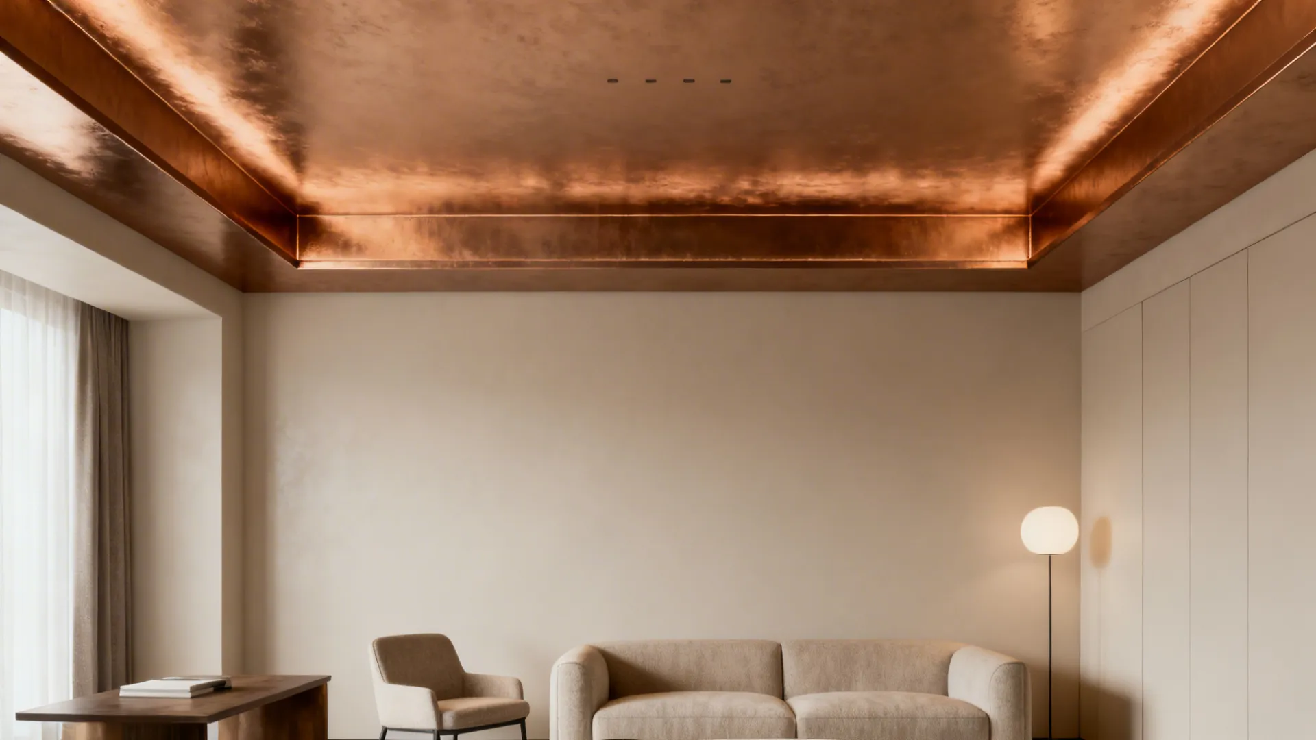Shallow POP tray ceiling with contrasting accent paint in a cozy living room