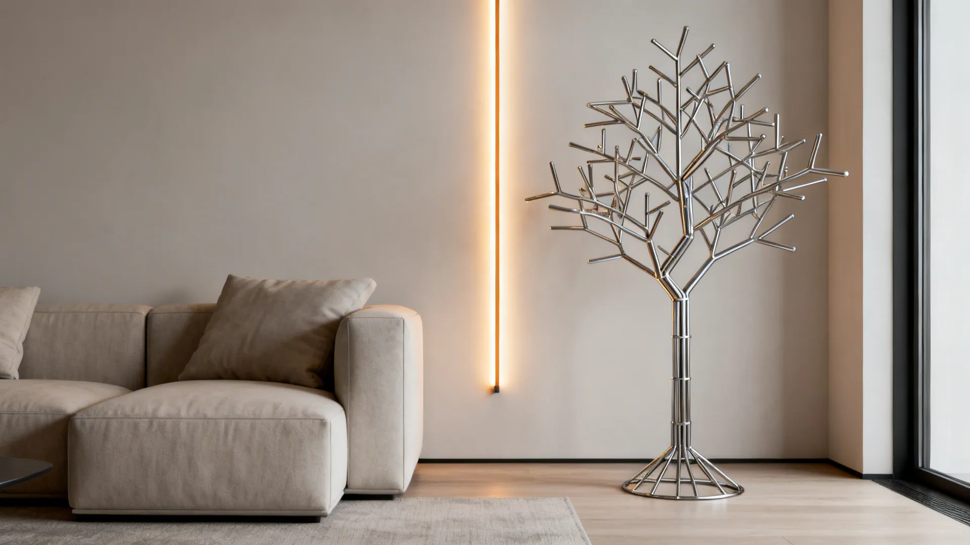 5. Minimalist tree corner with vertical lighting