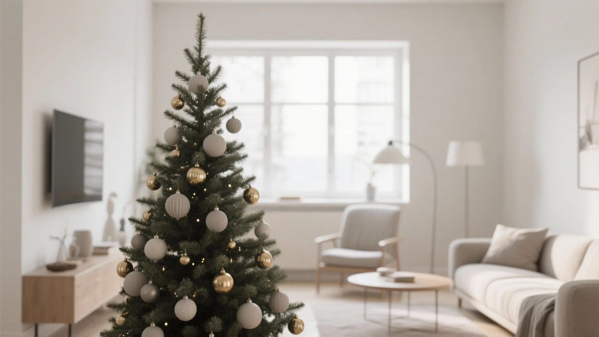 Minimalist slim Christmas tree with neutral ornaments in a small living room