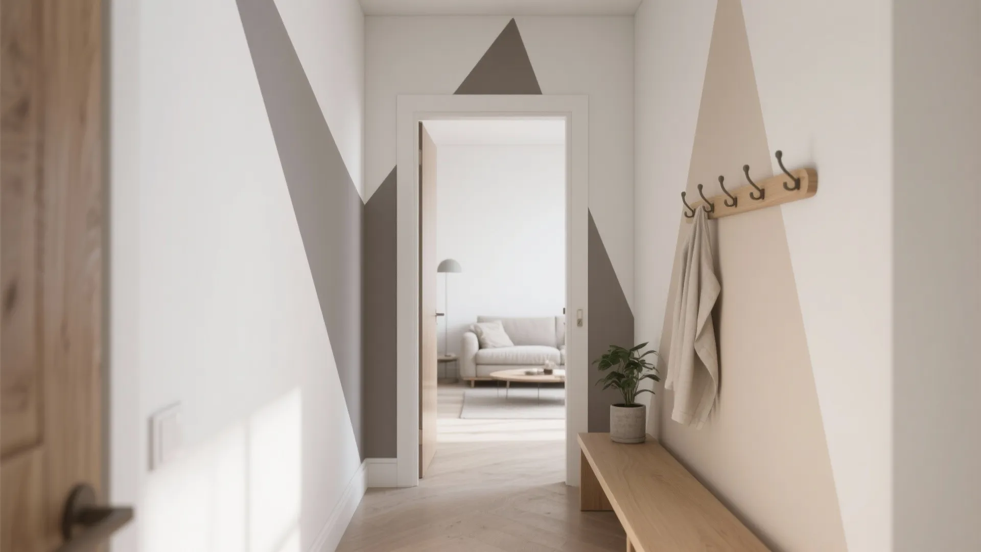 Minimalist hallway featuring geometric wall patterns wooden bench and view into a light living room