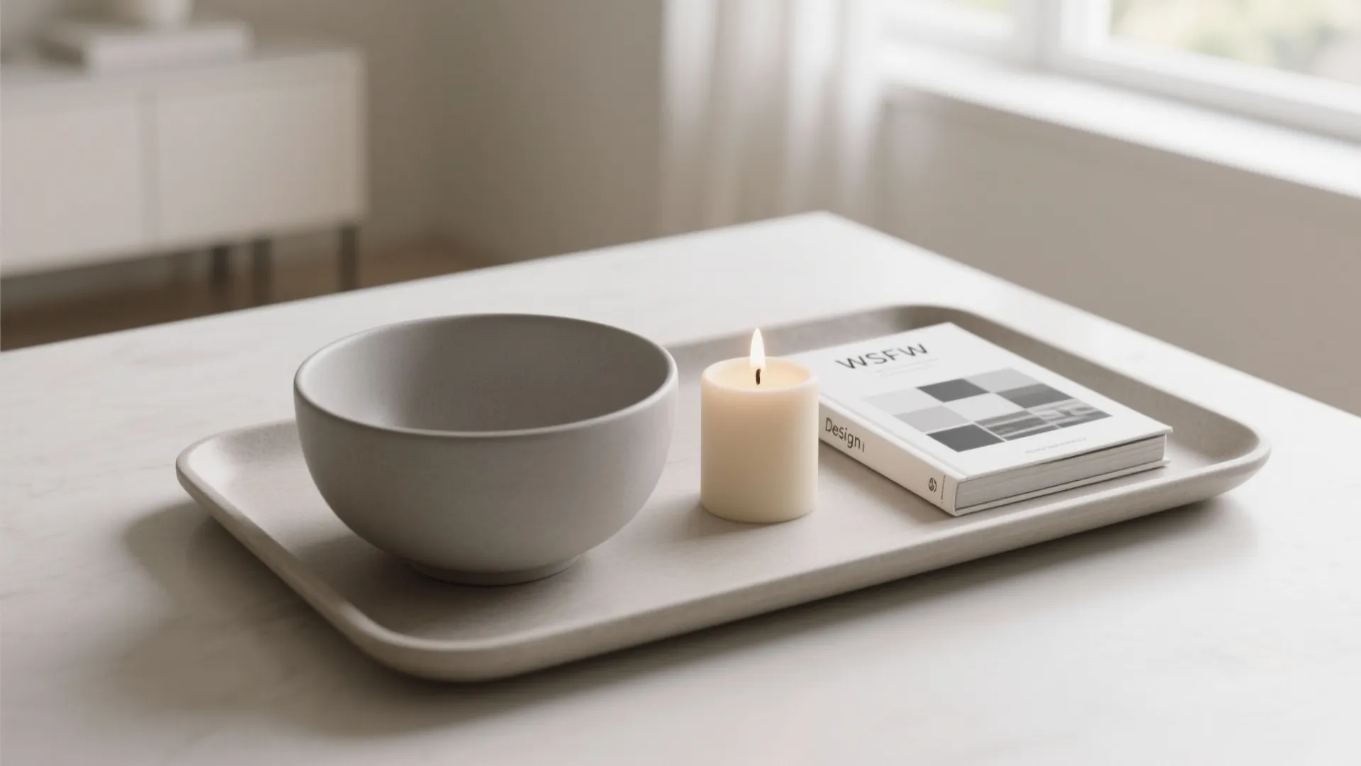 5. Minimalist Trio: ceramics, candle, and a book