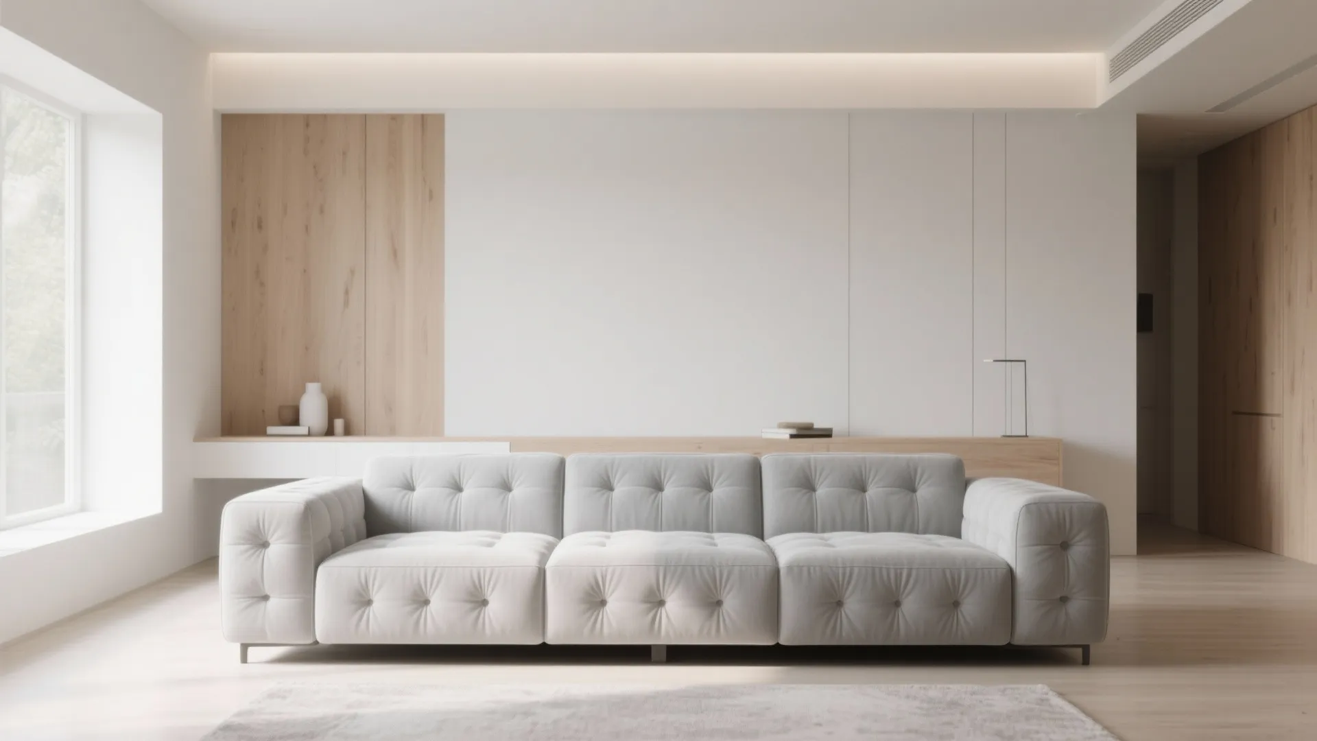 Minimalist living room with a gray tufted sofa and wood accents