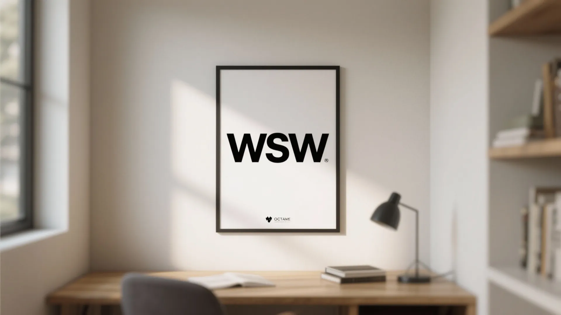 Modern home workspace with minimalist black and white typography poster hanging above a wooden desk