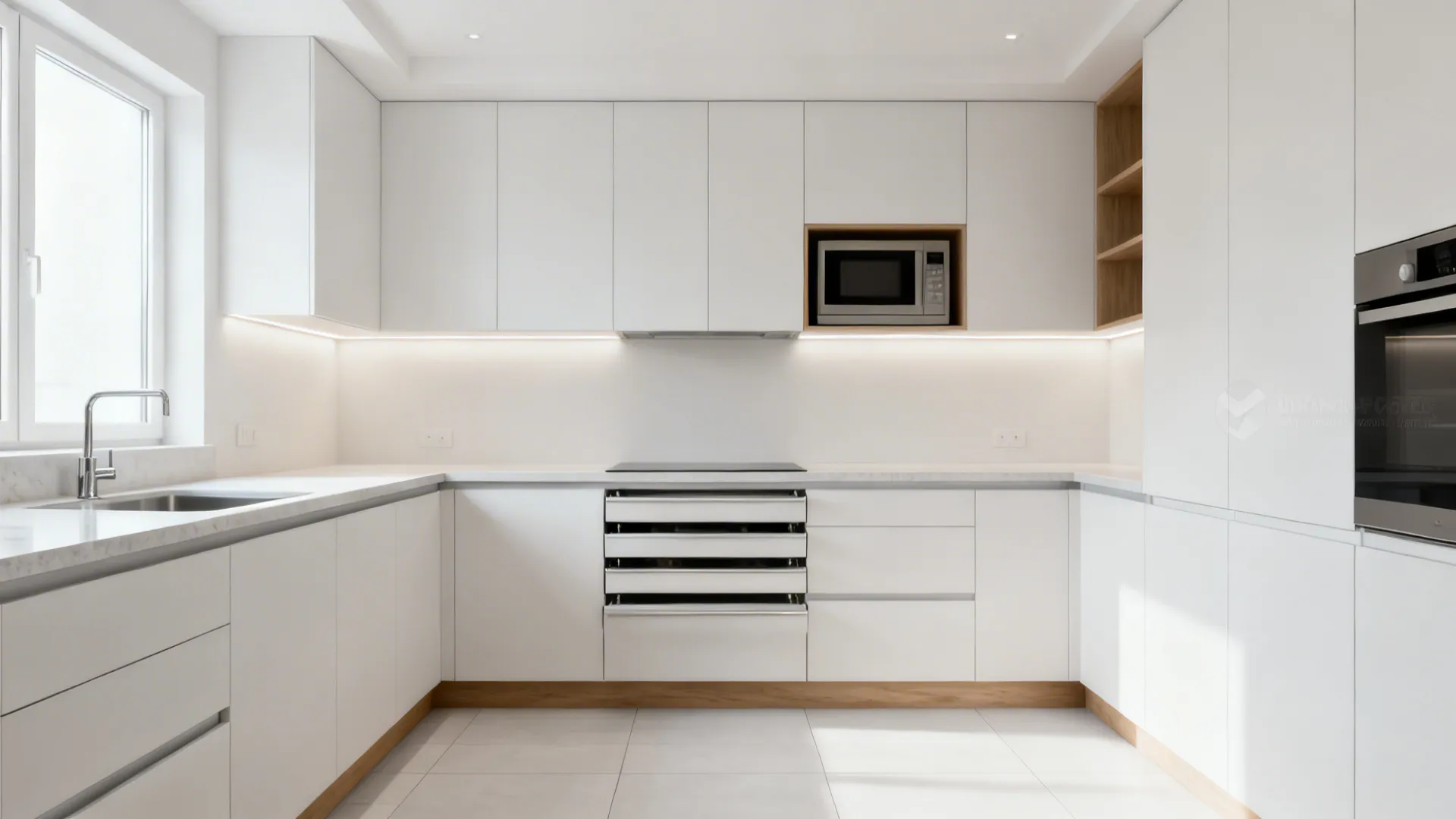 Minimalist U-shaped kitchen with handleless matte fronts and integrated hidden storage.
