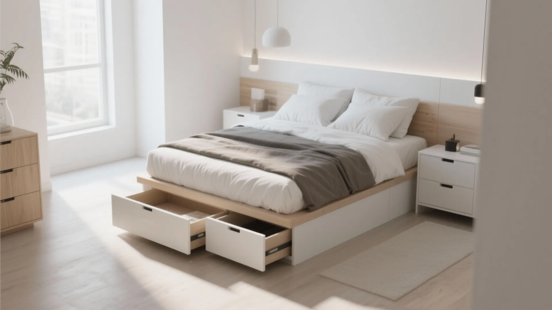 Light wood bed frame with open storage drawers underneath in a bright sunlit minimalist bedroom