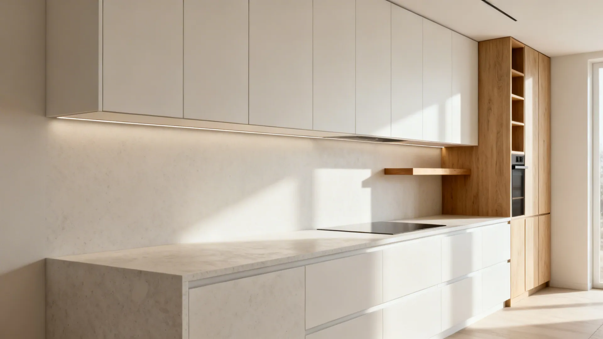 Handleless, color-matched upper cabinets form a seamless wall run with a wood shelf and tall pantry.