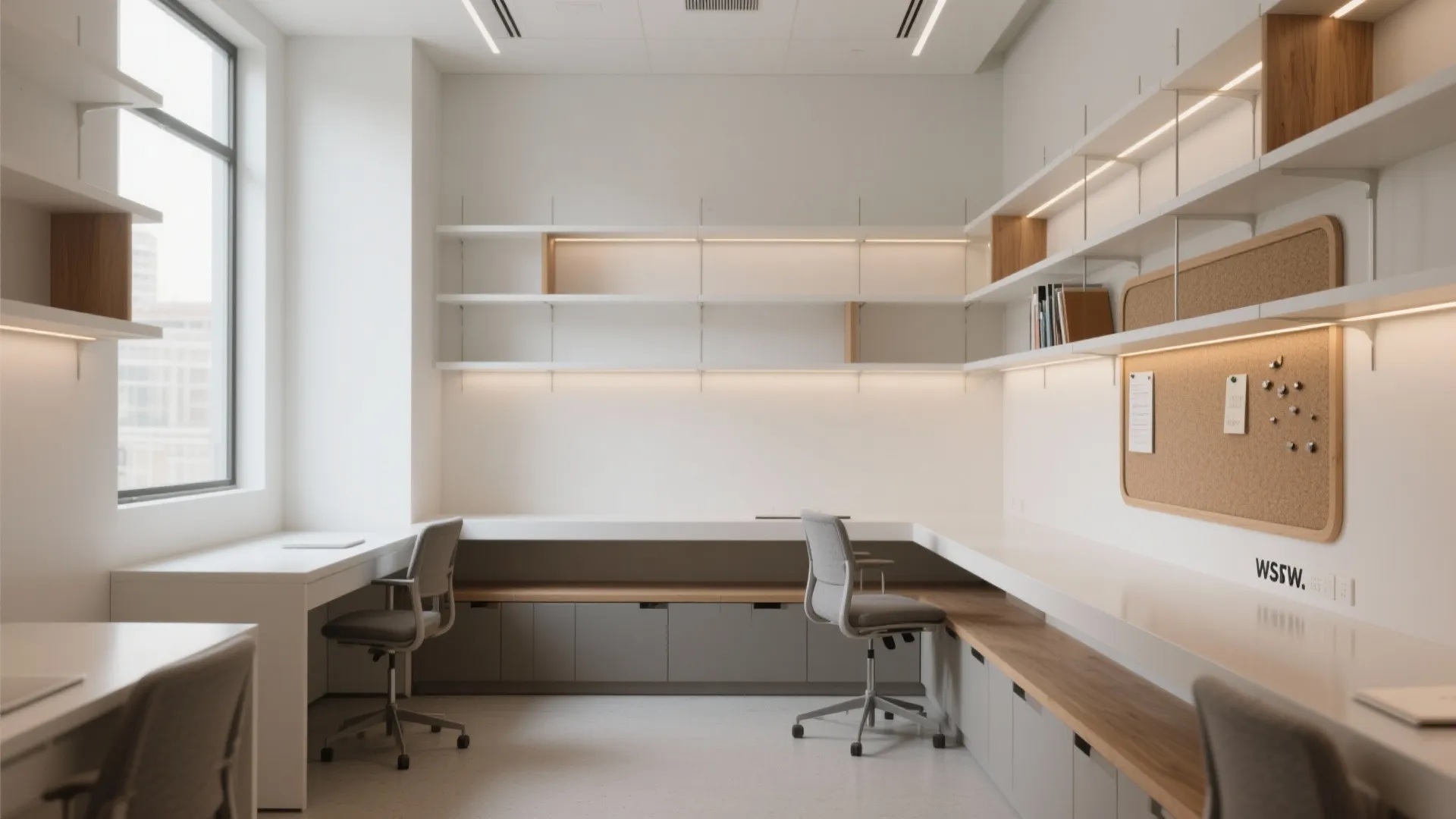 Minimalist white study room with long desk wall shelves grey chairs cork board and natural light