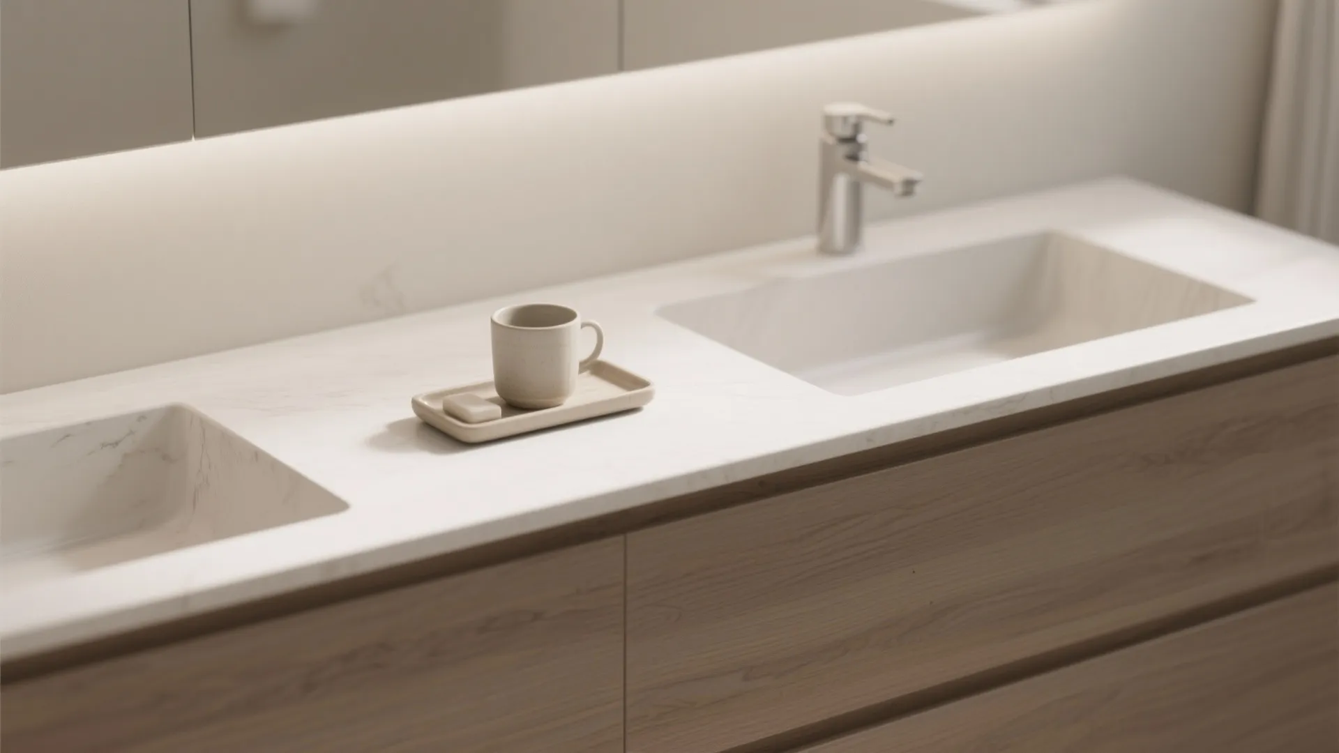 Minimalist double sink bathroom with white marble counter wood cabinet and a small beige cup