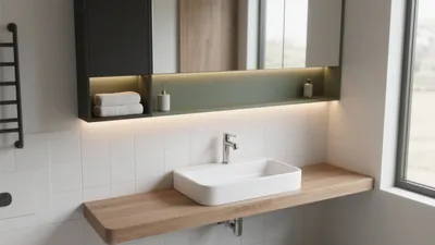 Modern Bathroom Vanity with Wood Countertop & LED Lighting