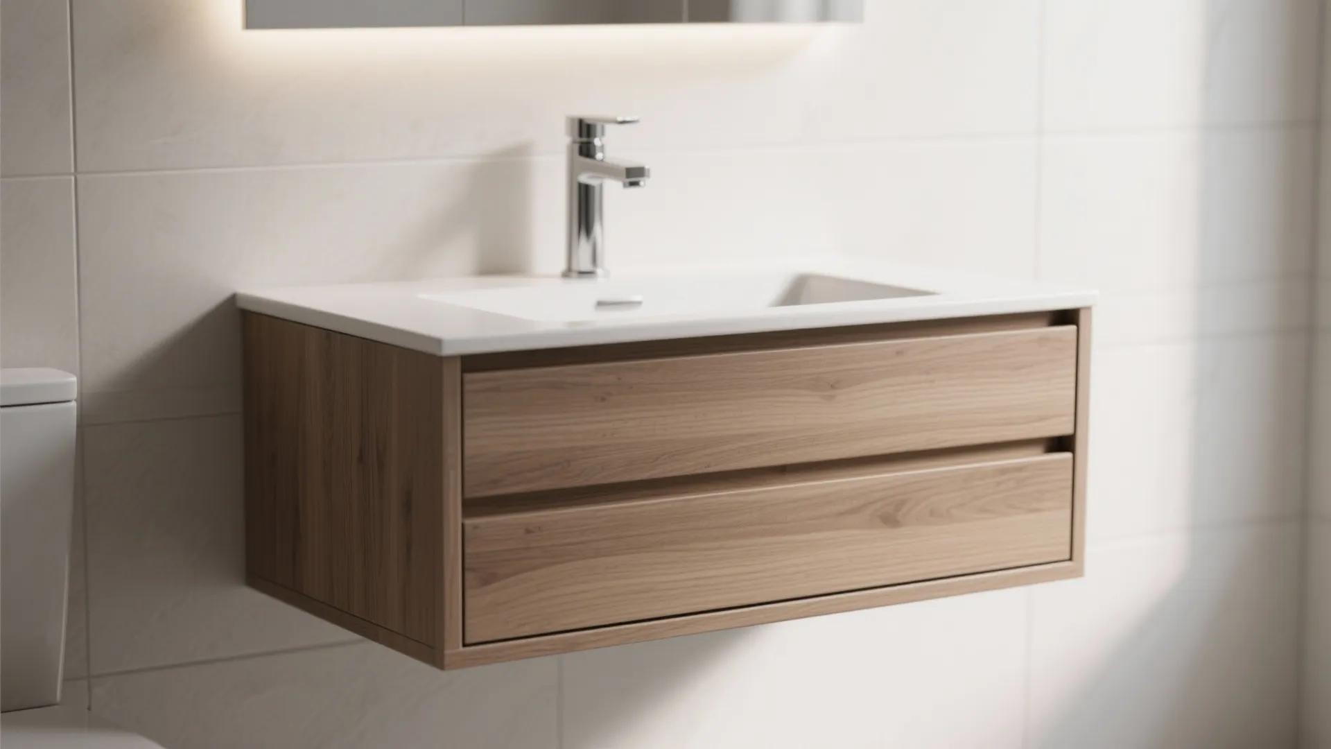 Floating wooden bathroom cabinet with two drawers and white sink and silver modern water faucet