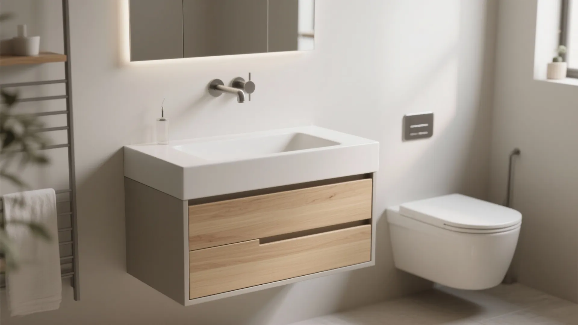 Modern bathroom vanity with wood drawers white sink lighted mirror and white wall mounted toilet