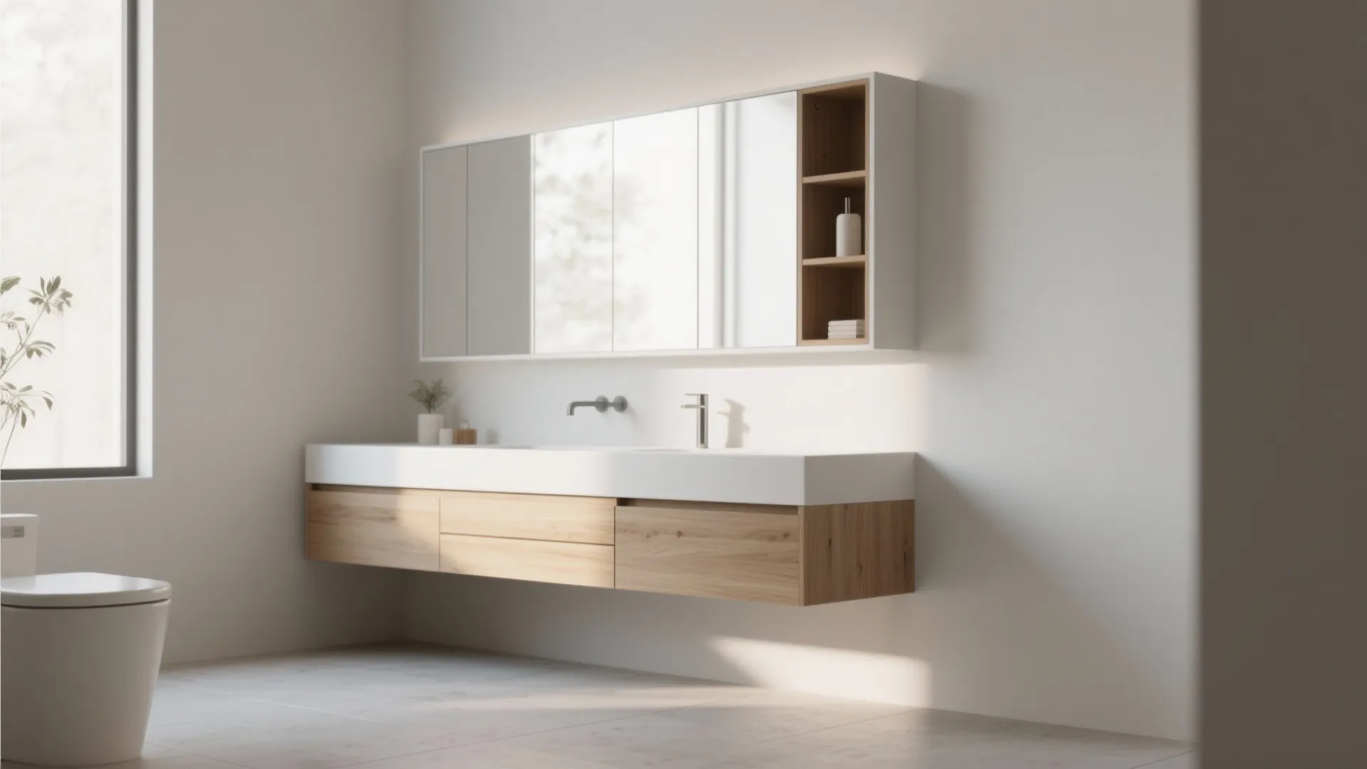 Floating wooden bathroom cabinet with white sink large wall mirror and toilet in a bright room
