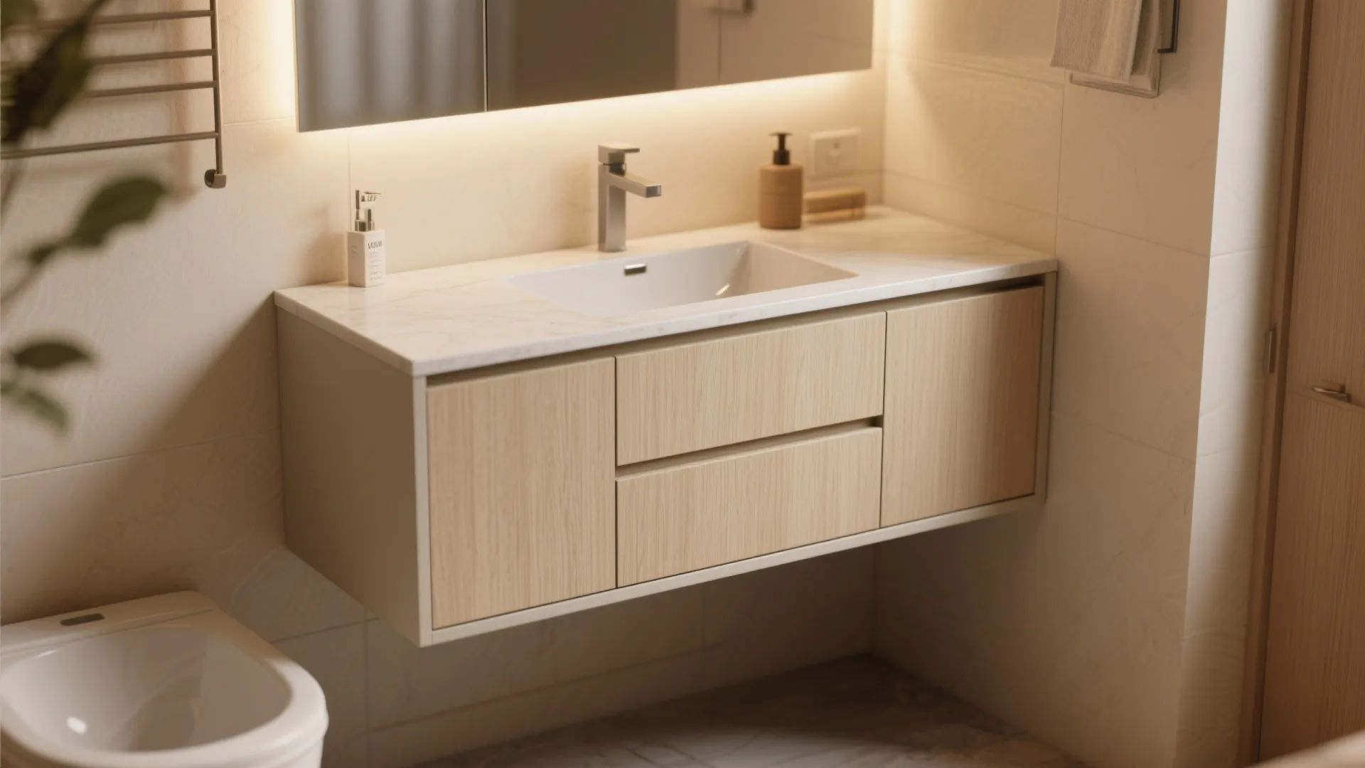 1. Minimalist Vanity with Smart Storage