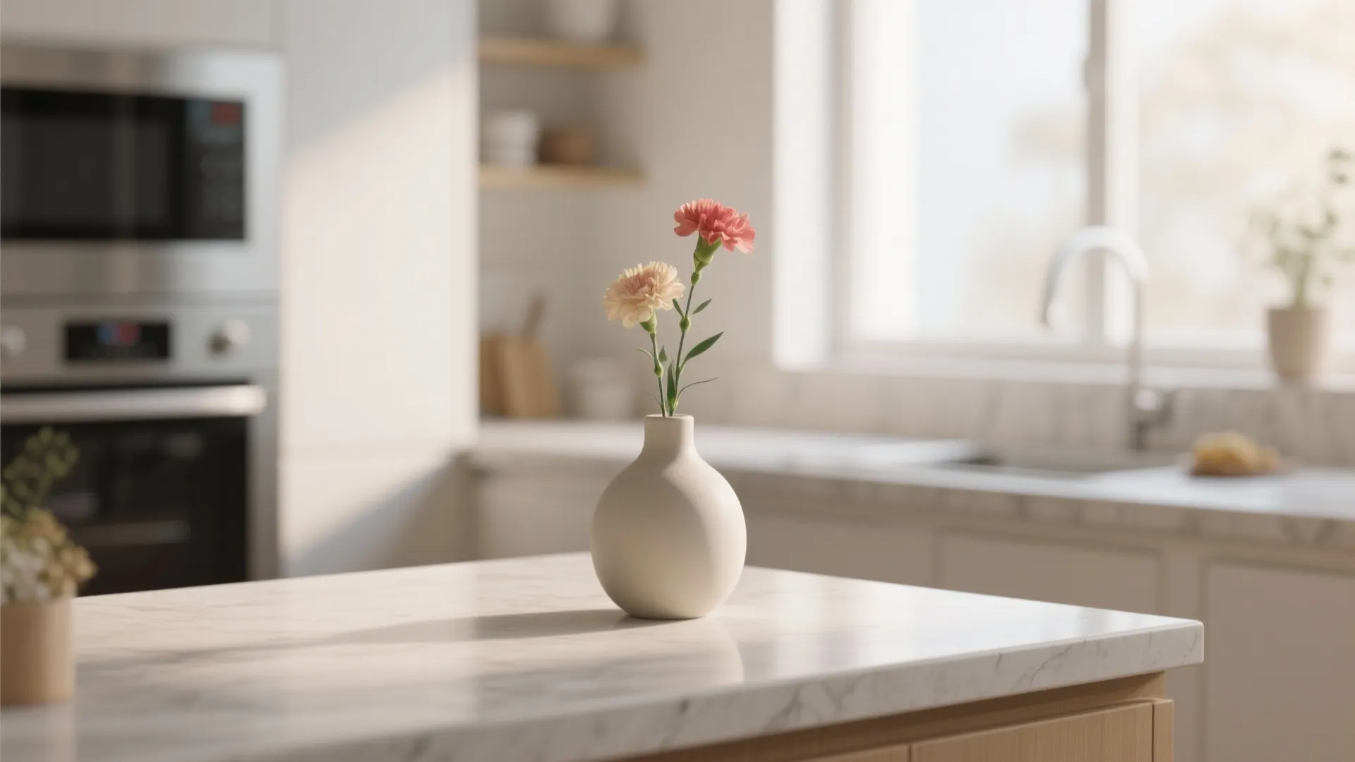 Minimalist vase with fresh seasonal flowers on a counter