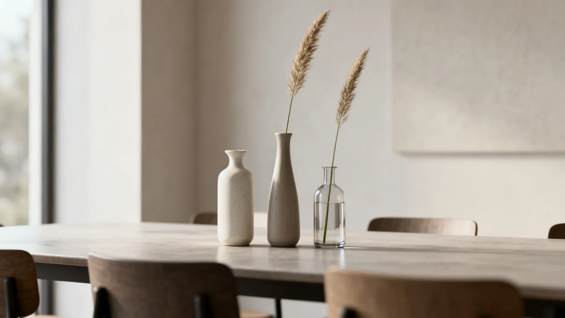 Three slim vases with single stems arranged in an odd-number grouping on a dining table