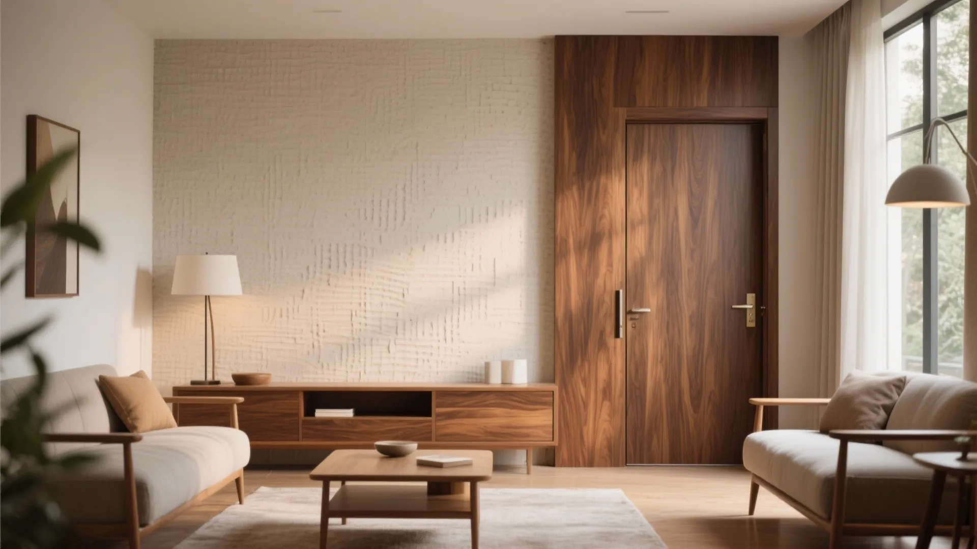 Modern living room with textured wall wooden cabinet matching door two sofas and coffee table