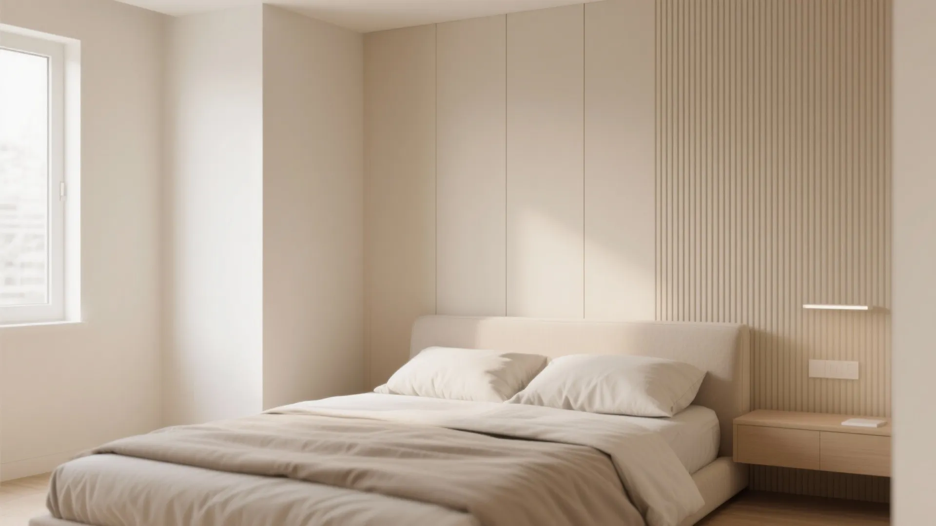 Minimalist bedroom with cream bed and vertical wall panel design plus a wooden side table