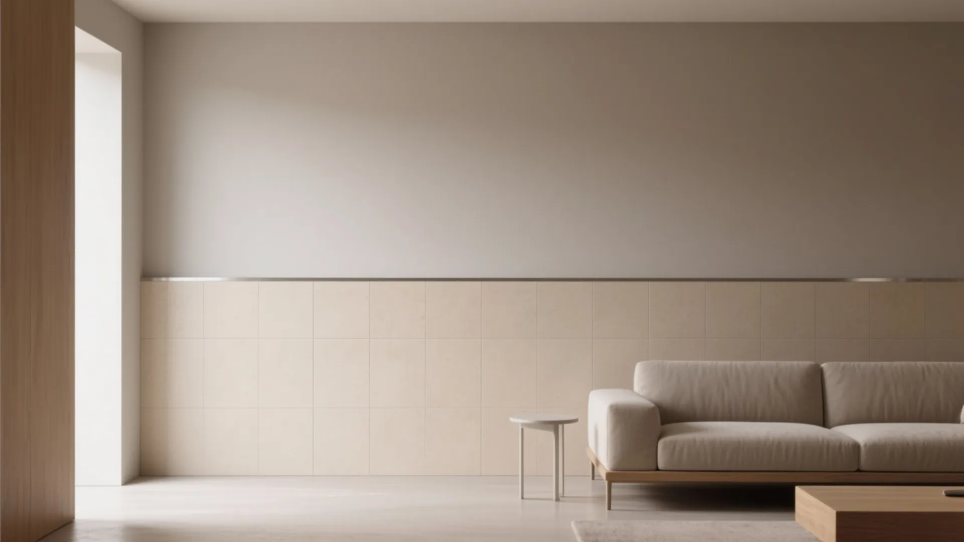Minimalist living room with beige sofa small side table wooden coffee table and light wall panel