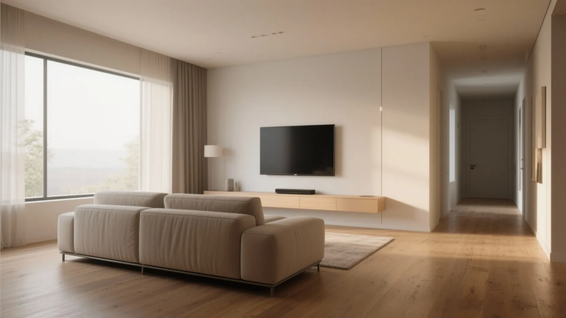 Minimalist living room with a large sofa facing a wall mounted TV and long hallway