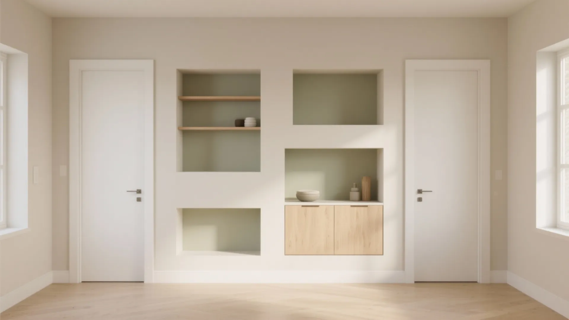 Minimalist white wall with two doors, built-in storage shelves, wooden cabinets, and light wood flooring