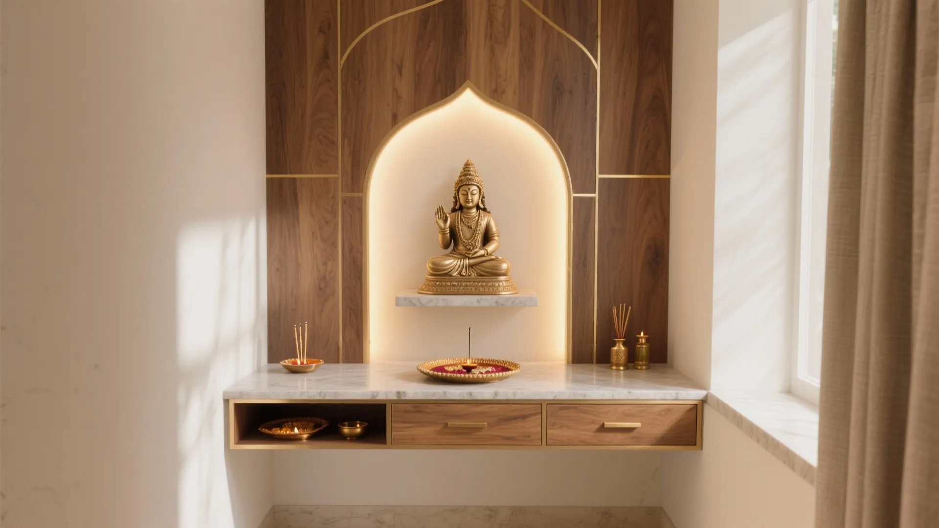 Minimalist Pooja Wall With Smart Storage